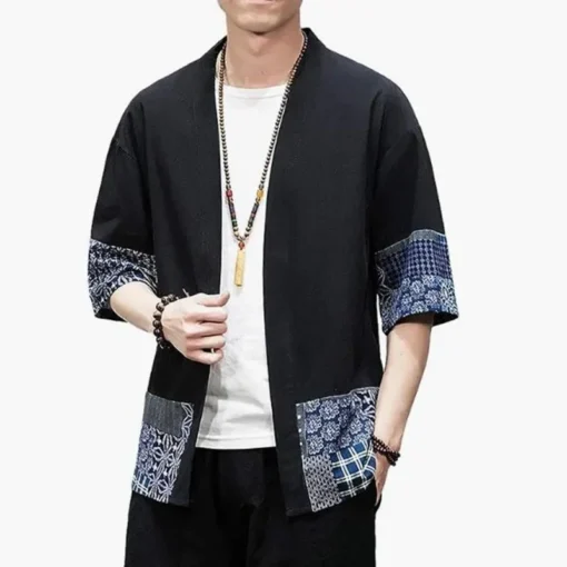 Erkek Japon Tarzı Kimono Hırka – 3/4 Kollu, Pamuk Keten, Rahat Kesim Yazlık Gömlek Ceket - Görsel 5