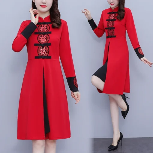 Kadın Kırmızı Cheongsam Qipao Elbise – Retro Tarz, Şenlik İçin Geliştirilmiş Çin Geleneksel Elbise (M-5XL Beden) - Görsel 5