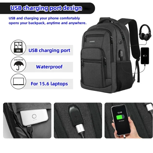 DOXUNGOO Su Geçirmez Laptop Sırt Çantası – 15.6 inç Bilgisayar Uyumu, USB ve Kulaklık Girişli, Nefes Alabilen Büyük Kapasiteli Çanta - Görsel 3