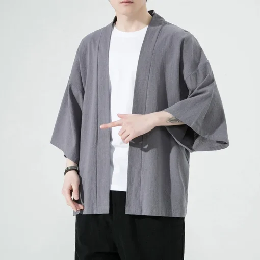 Erkek Japon Tarzı Kimono Hırka – 3/4 Kollu, Pamuk Keten, Rahat Kesim Yazlık Gömlek Ceket - Görsel 9