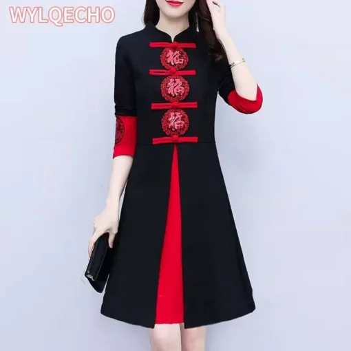 Kadın Kırmızı Cheongsam Qipao Elbise – Retro Tarz, Şenlik İçin Geliştirilmiş Çin Geleneksel Elbise (M-5XL Beden) - Görsel 2