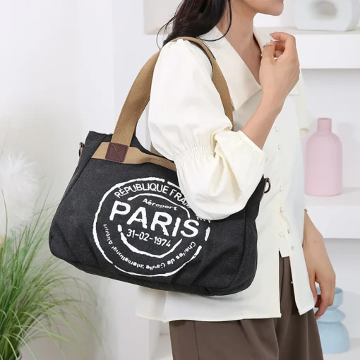 Kadın Kanvas Tote Çanta – Ayarlanabilir Askılı, Vintage Stil, Fermuarlı ve Polyester Astarlı Omuz Çantası - Görsel 2