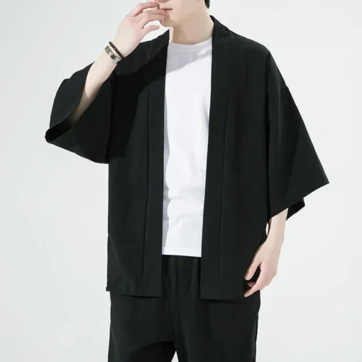Erkek Japon Tarzı Kimono Hırka – 3/4 Kollu, Pamuk Keten, Rahat Kesim Yazlık Gömlek Ceket - Görsel 10
