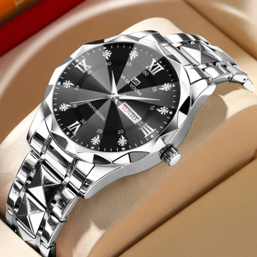 Erkek Lüks Su Geçirmez Işıklı Kuvars Saat – 41mm Çift Takvimli Paslanmaz Çelik Mavi Altın - Görsel 8