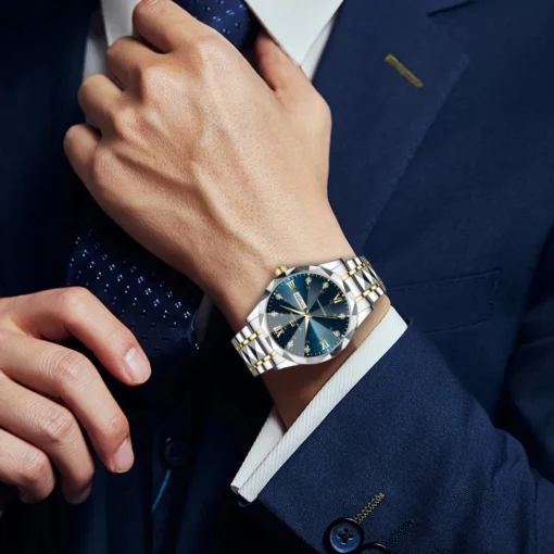 Erkek Lüks Su Geçirmez Işıklı Kuvars Saat – 41mm Çift Takvimli Paslanmaz Çelik Mavi Altın - Görsel 3