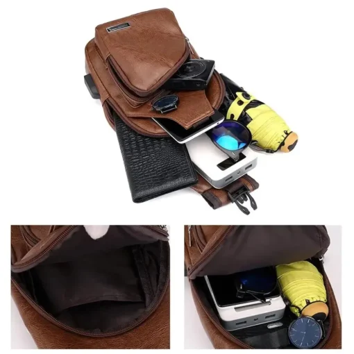 Basit ve Şık PU Deri Göğüs Çantası – Erkek USB Şarj Girişli, Düz Renk, Çok Fonksiyonlu Crossbody Model - Görsel 6