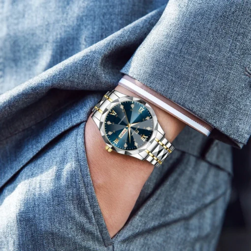Erkek Lüks Su Geçirmez Işıklı Kuvars Saat – 41mm Çift Takvimli Paslanmaz Çelik Mavi Altın - Görsel 6