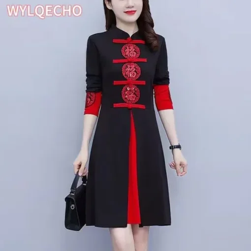 Kadın Kırmızı Cheongsam Qipao Elbise – Retro Tarz, Şenlik İçin Geliştirilmiş Çin Geleneksel Elbise (M-5XL Beden)