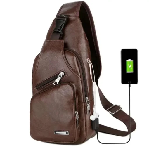 Basit ve Şık PU Deri Göğüs Çantası – Erkek USB Şarj Girişli, Düz Renk, Çok Fonksiyonlu Crossbody Model - Görsel 4