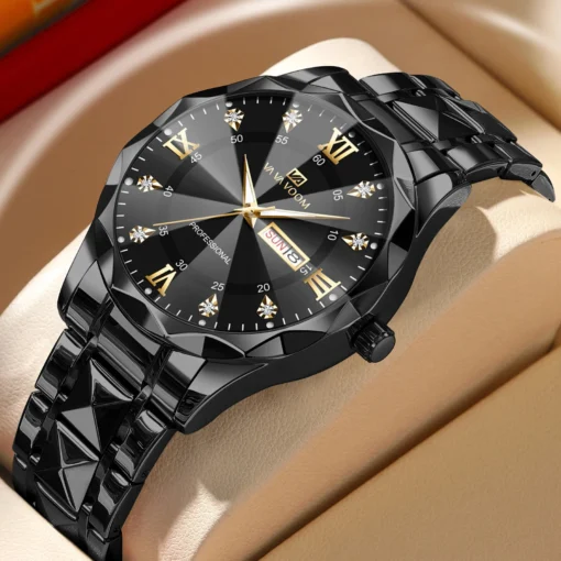 Erkek Lüks Su Geçirmez Işıklı Kuvars Saat – 41mm Çift Takvimli Paslanmaz Çelik Mavi Altın - Görsel 9