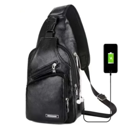 Basit ve Şık PU Deri Göğüs Çantası – Erkek USB Şarj Girişli, Düz Renk, Çok Fonksiyonlu Crossbody Model - Görsel 3