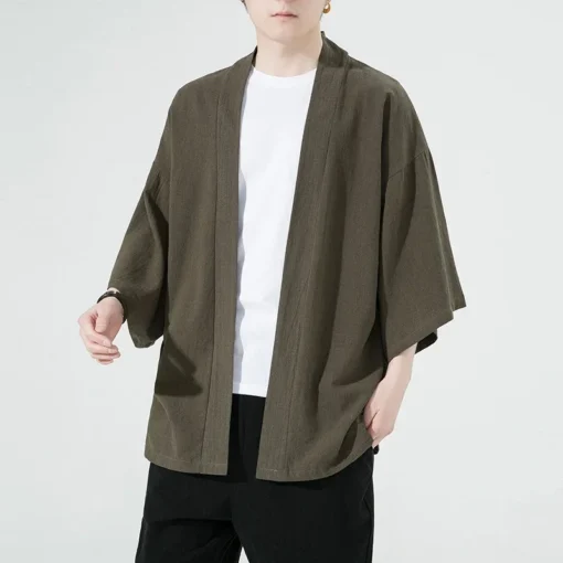 Erkek Japon Tarzı Kimono Hırka – 3/4 Kollu, Pamuk Keten, Rahat Kesim Yazlık Gömlek Ceket - Görsel 7