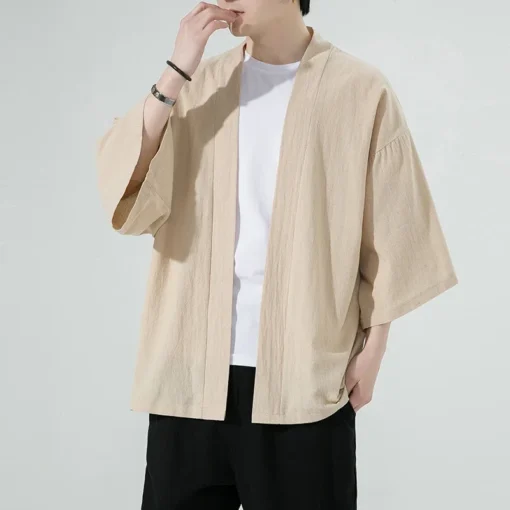 Erkek Japon Tarzı Kimono Hırka – 3/4 Kollu, Pamuk Keten, Rahat Kesim Yazlık Gömlek Ceket - Görsel 11