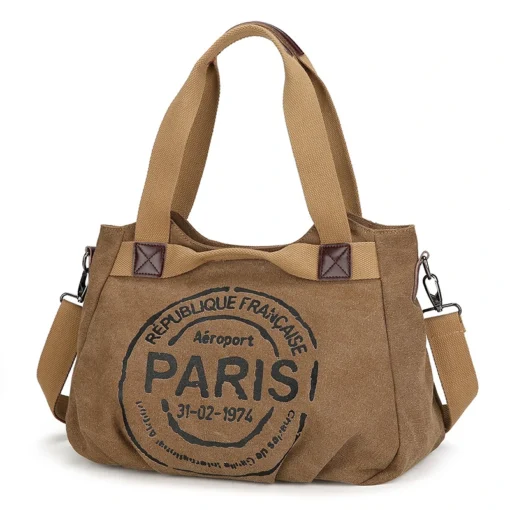 Kadın Kanvas Tote Çanta – Ayarlanabilir Askılı, Vintage Stil, Fermuarlı ve Polyester Astarlı Omuz Çantası