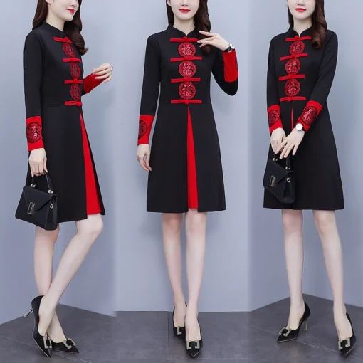 Kadın Kırmızı Cheongsam Qipao Elbise – Retro Tarz, Şenlik İçin Geliştirilmiş Çin Geleneksel Elbise (M-5XL Beden) - Görsel 3